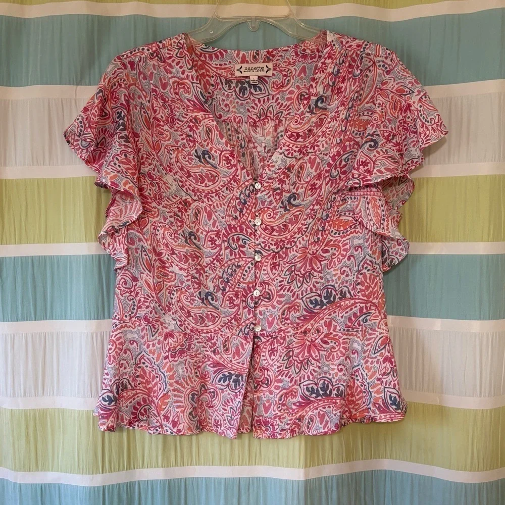 Nanette Lepore Paisley Ruffle-Sleeve Peplum Blouse Sz Large - Picture 9 of 9